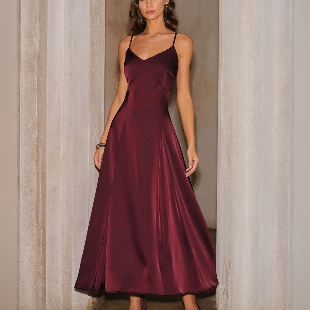 Rihoas Wine Red Satin A-Line Slip Maxi Dress